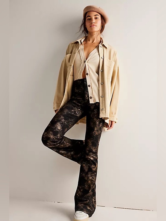 Free People Denim - Free People Jayde Metallic High Rise Flare Leg Jeans In Black Tie Size 24
